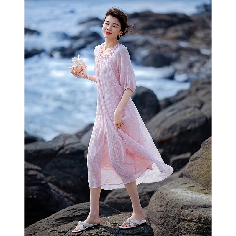 dme德·玛纳轻氧莱赛尔夏木耳边圆领娃娃裙可脱卸腰带连衣裙