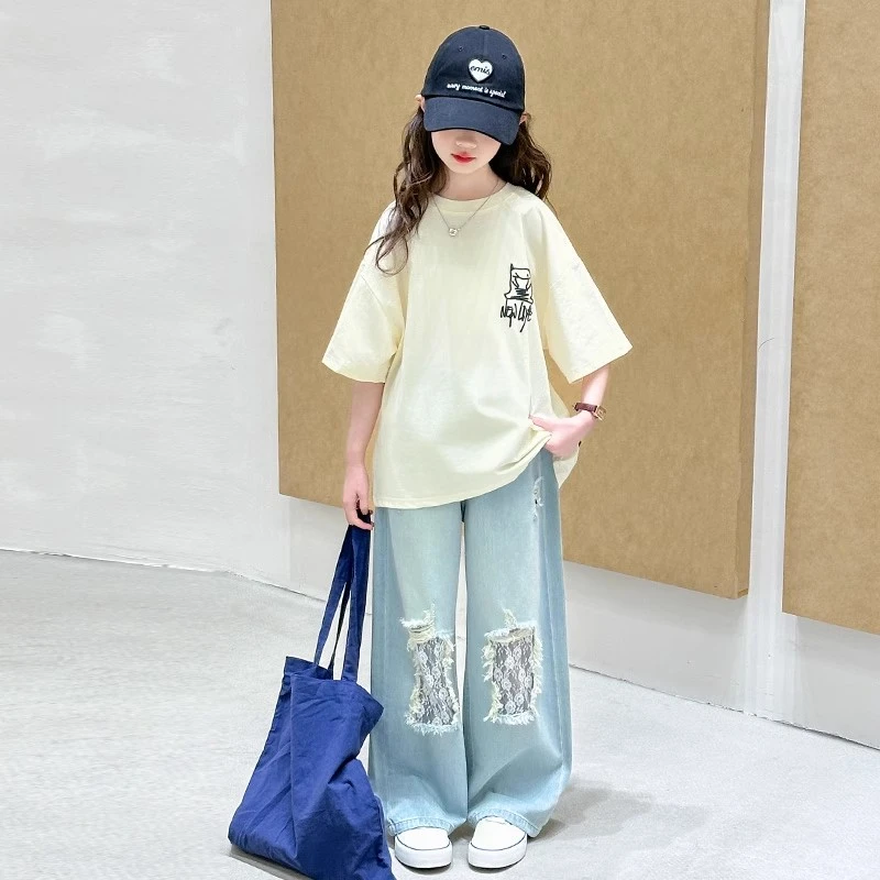 英国MK&DK女童短袖套装2025夏装牛仔裤中大童春夏款T恤两件套