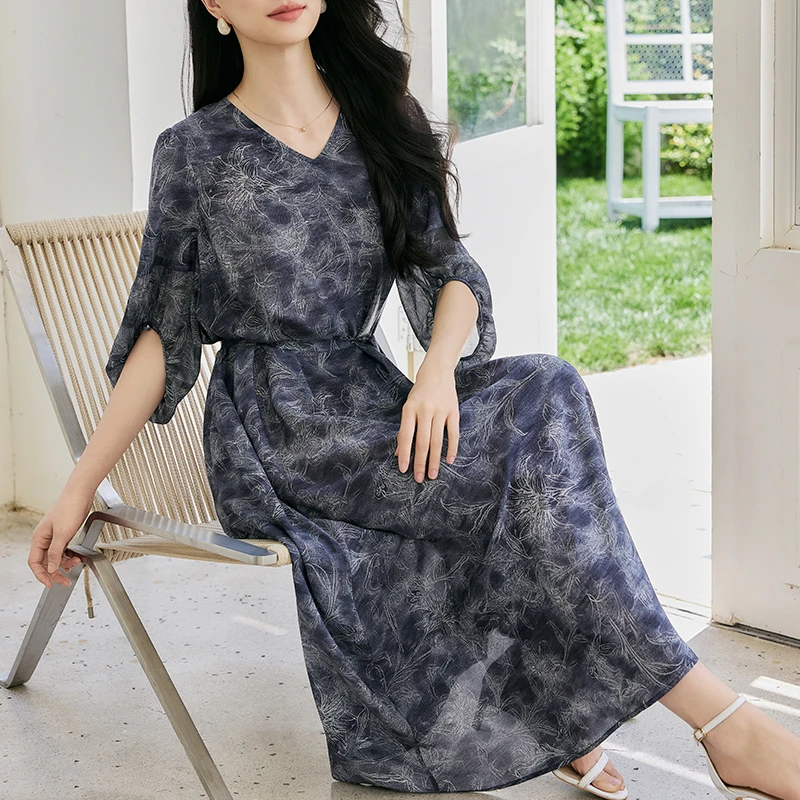 【木南·Oli 新裳】Q5168印花真丝桑蚕丝连衣裙夏季新款