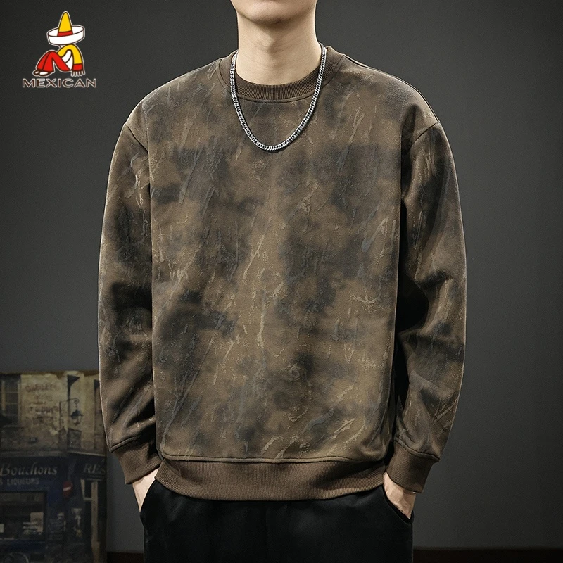 Mexican/稻草人400g重磅仿扎染印花卫衣男款秋季宽松复古长袖上衣