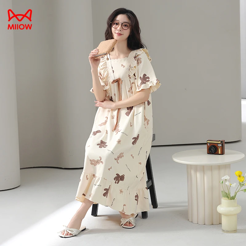 MiiOW/猫人夏款短袖7A抗菌棉拉架长款公主风女士睡裙卡通熊木耳边