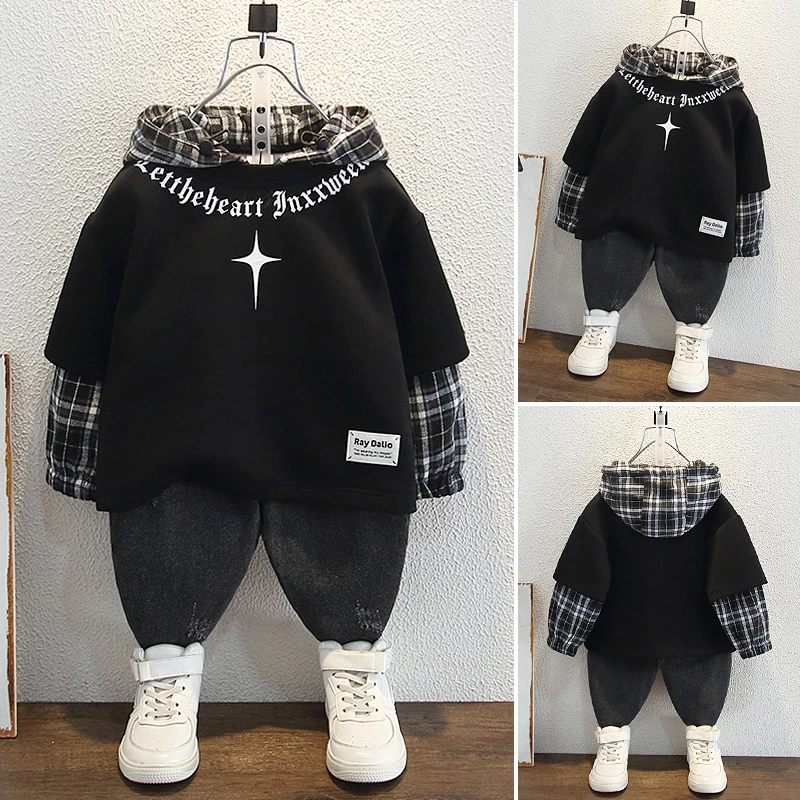 男童假两件卫衣套装连帽秋季2025新款儿童帅气时髦潮小男孩两件套