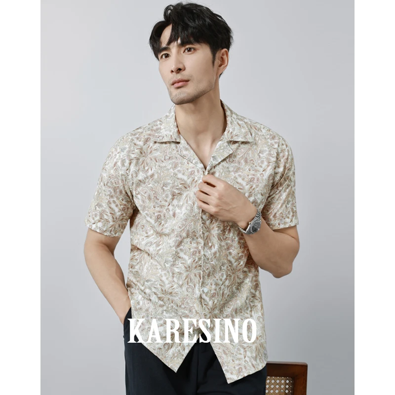 KARESINO夏季2024新款男士轻薄夏威夷休闲古巴领短袖碎花衬衫男潮