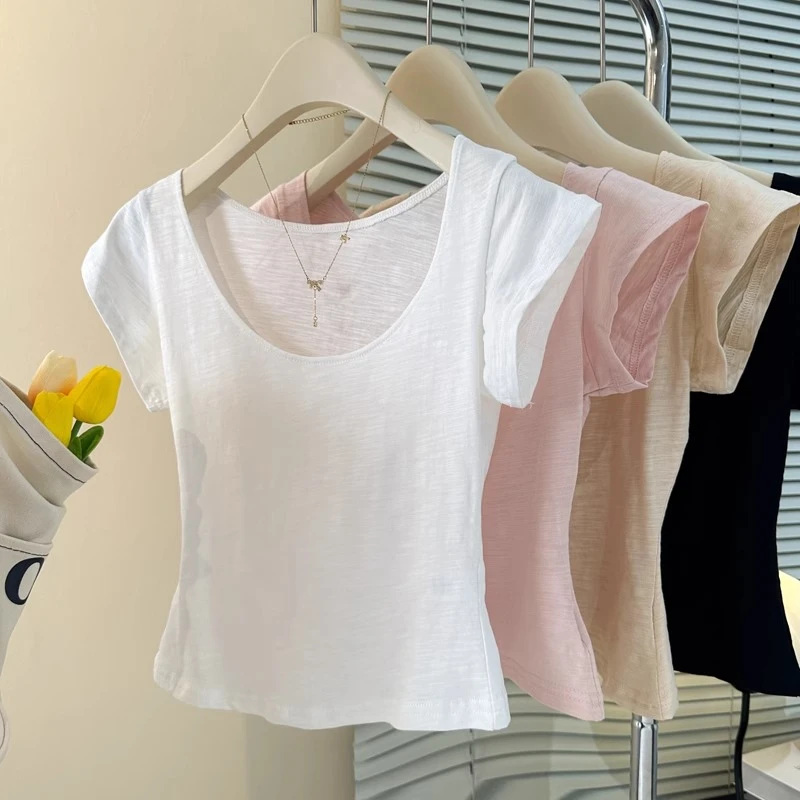 竹节棉修身显瘦夏季韩系U领女T恤设计感短袖修身型百搭短款上衣女