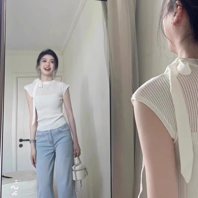 短袖女设计感小众系脖蝴蝶结t恤小飞袖夏季修身气质冰丝百搭上衣