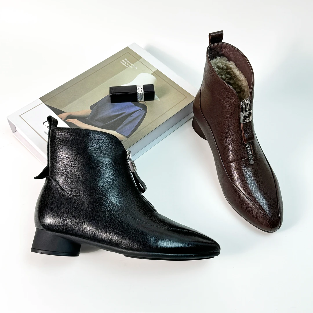 3CM低跟冬季时装靴时尚百搭真皮粗跟加绒秋冬冬季舒适休闲英伦风