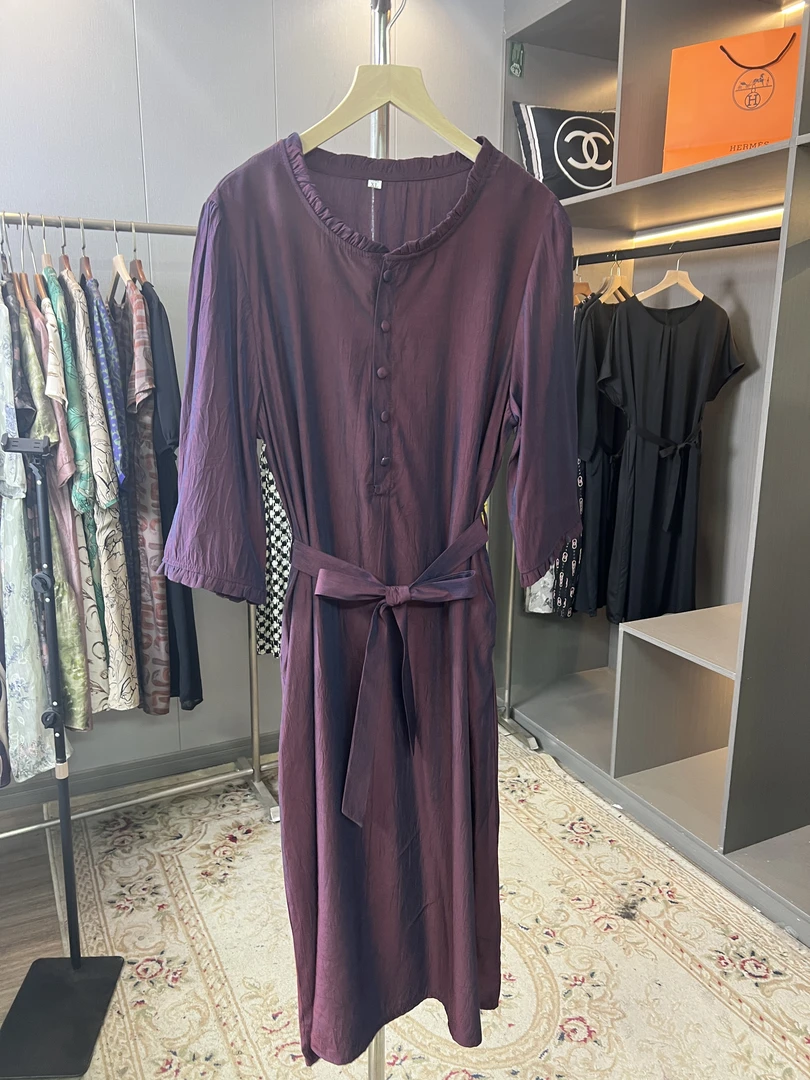 【小老弟】紫藤色 纯色 时尚休闲法式收腰女装系带气质百搭连衣裙