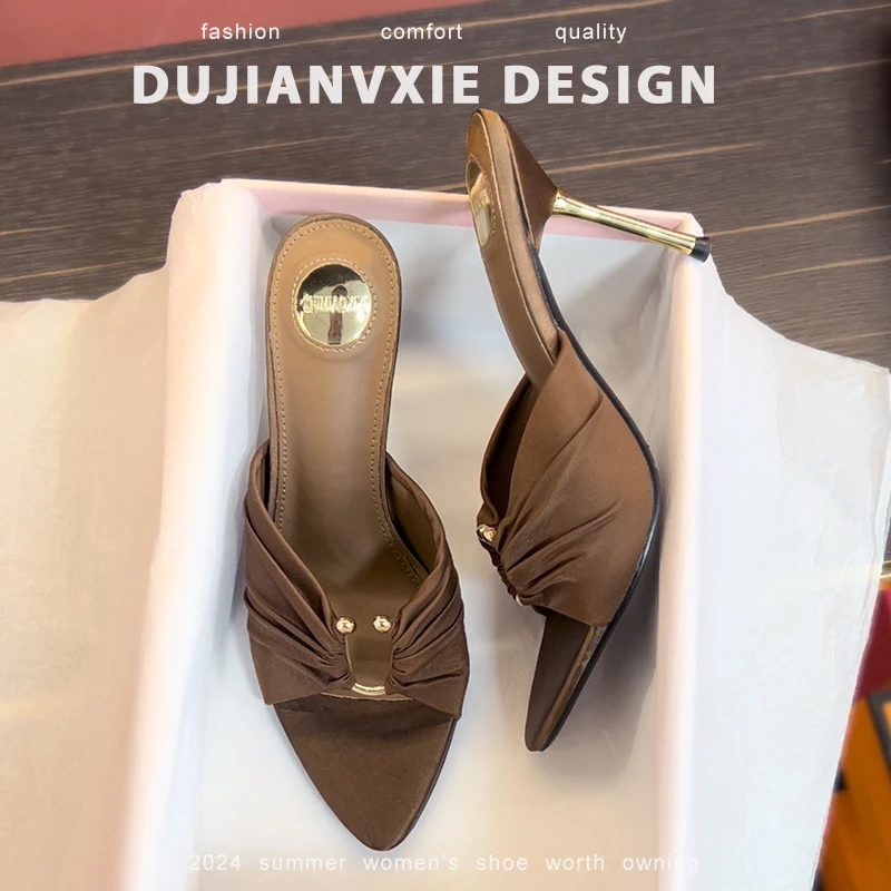 2025年夏季新款棕色法式细跟高跟鞋女凉鞋黑色气质女鞋仙女风拖鞋