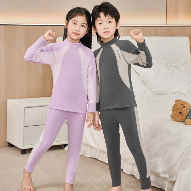 两套儿童保暖套装中大童秋衣秋裤内衣加厚a类中领拼接打底衫睡衣