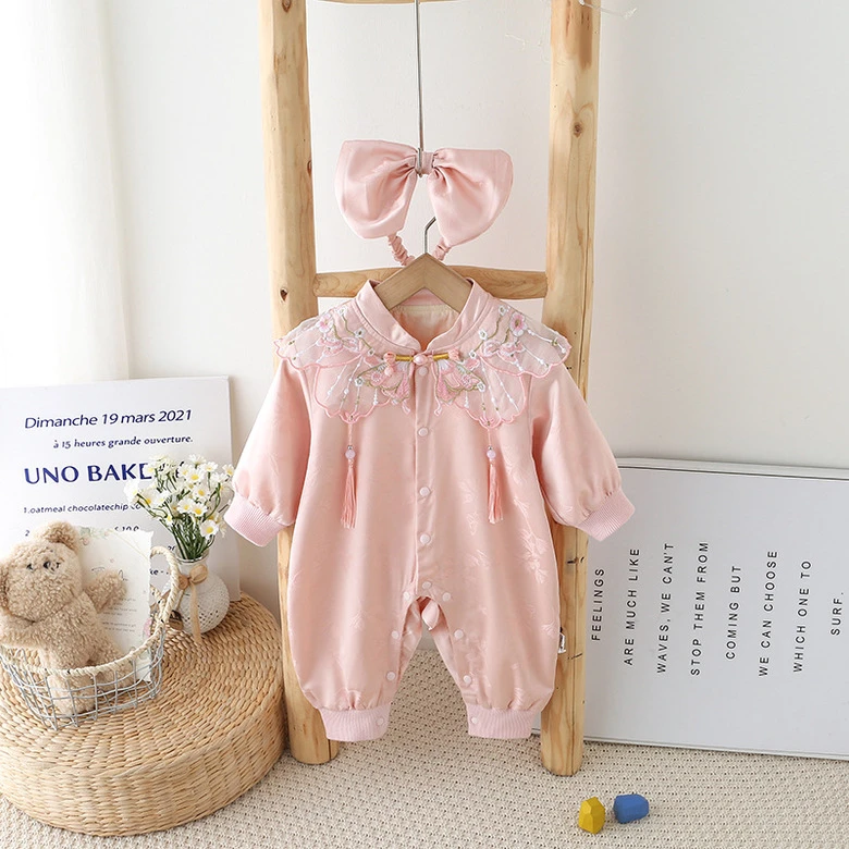 宝宝周岁礼服春季新款婴儿百天满月百日中式连体衣抓周服粉色国风