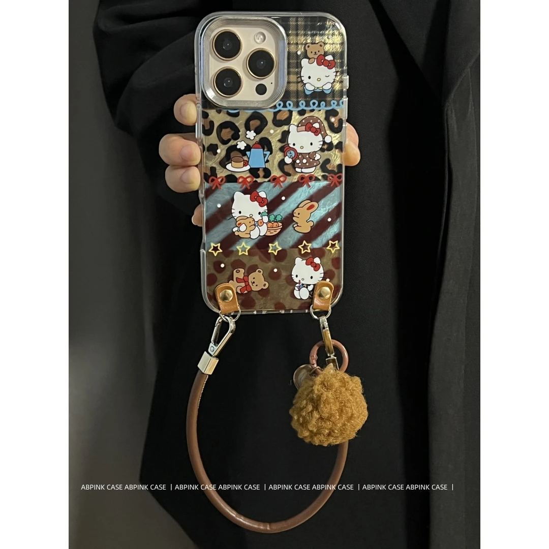 秋冬棕色豹纹拼接KT猫适用iPhone16promax苹果15手机壳14斜挎13女