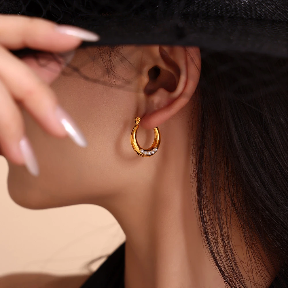 钛钢仿珍珠耳饰 欧美ins风几何环形开口耳圈钛钢优雅不掉色耳环