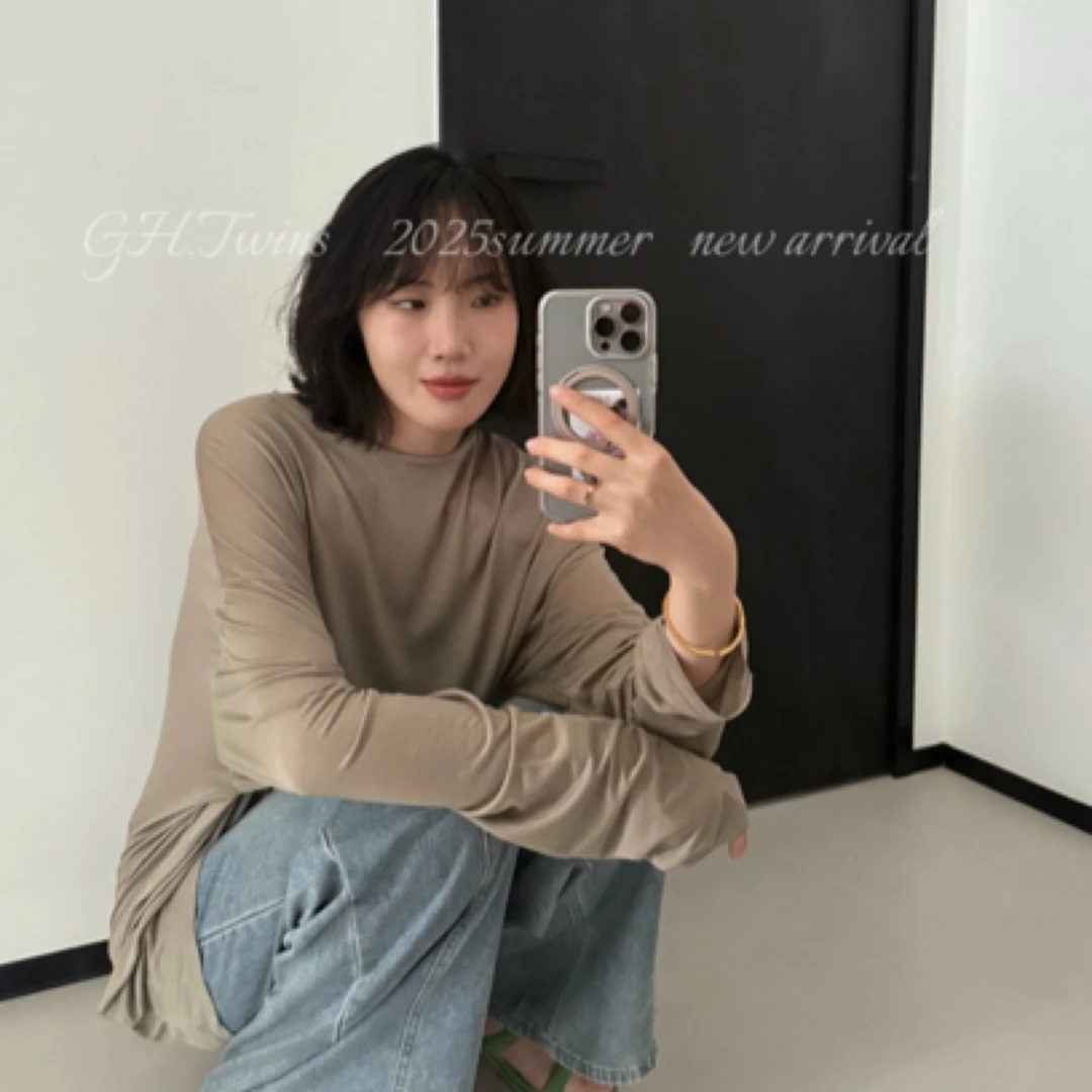 长袖休闲风圆领纯色罩衫宽松