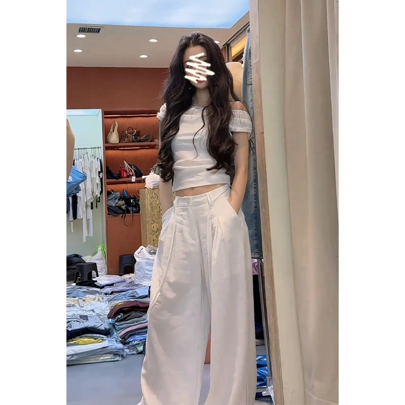 2025夏季新款女韩系穿搭修身一字领短袖上衣气质高腰显瘦阔腿长裤