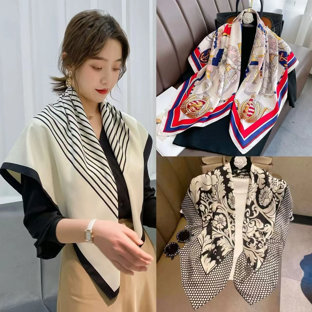 披肩外搭女春秋仿真丝大方巾包头巾高级感百搭两用丝巾围脖女士