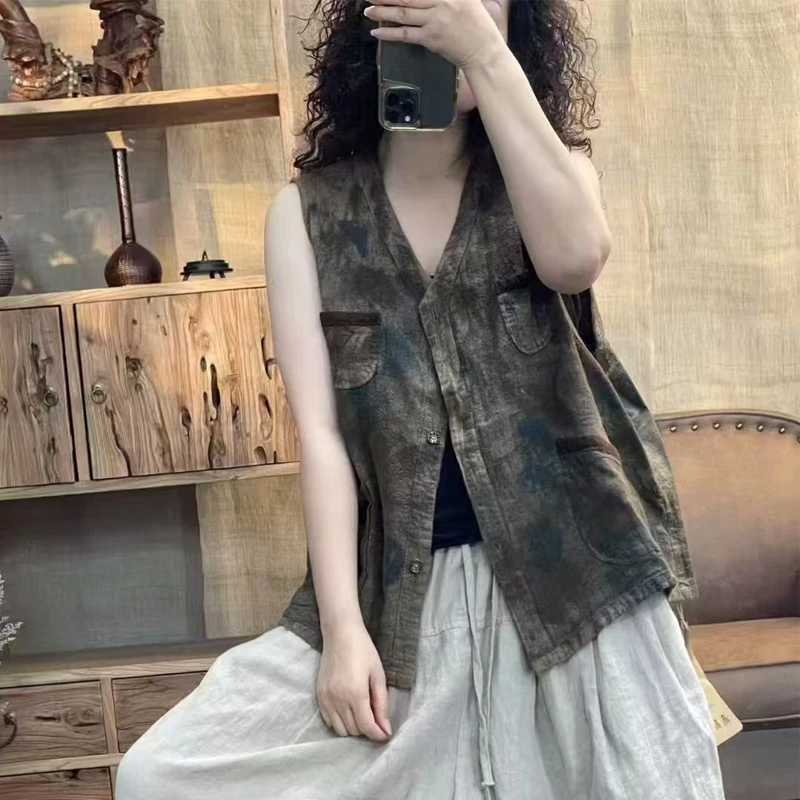 FF7027 新品休闲百搭复古文艺亚麻休闲女士马夹 胸围126长62