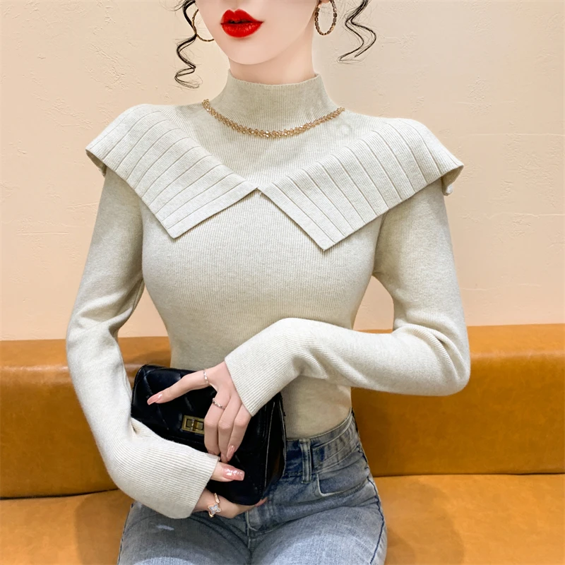钉钻韩系温柔风针织长袖新款时尚气质荷叶边百搭超好看毛衣打底衫