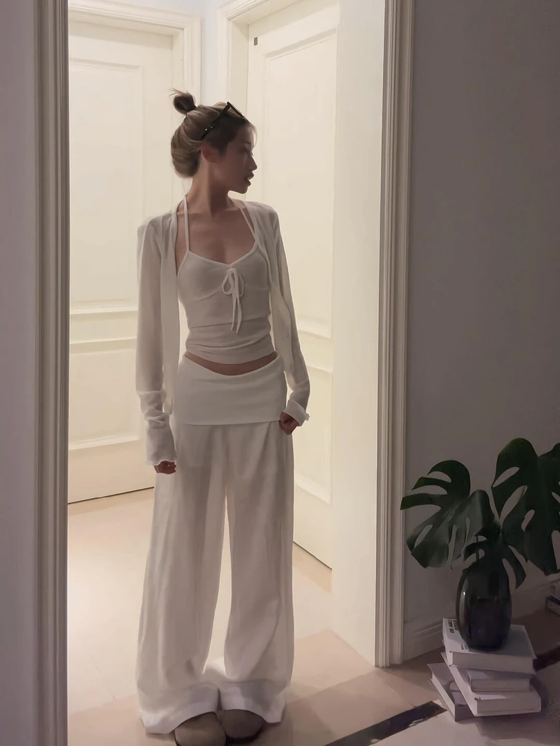 通勤白色套装针织休闲法式高腰显瘦时尚套装阔腿裤气质长袖运动