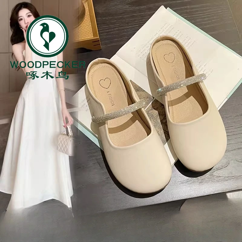 啄木鸟平底包头半拖鞋女夏外穿2025新款法式孕妇懒人半托女鞋凉拖