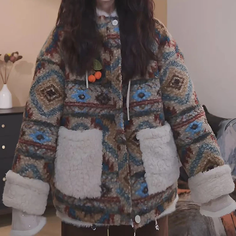 双面穿加绒加厚羊羔毛外套棉衣女冬季新款宽松保暖连帽棉服上衣女