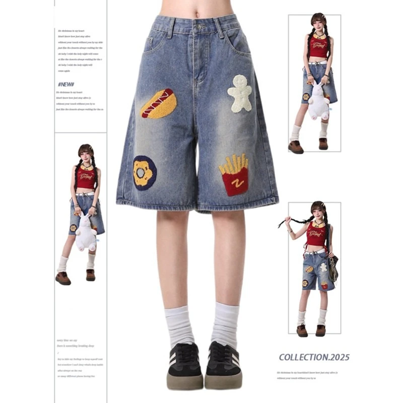 美式复古汉堡薯条毛巾绣牛仔短裤男女夏季阔腿宽松直筒五分裤