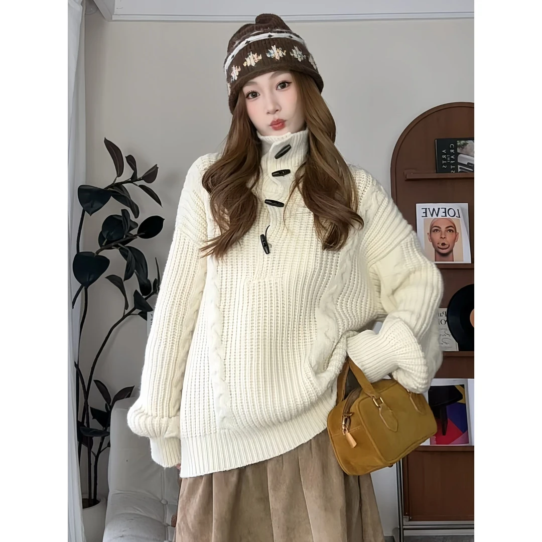 FCYSTUIDOHZJ麻花针织毛衣套头纽扣高领2way休闲韩系上衣女