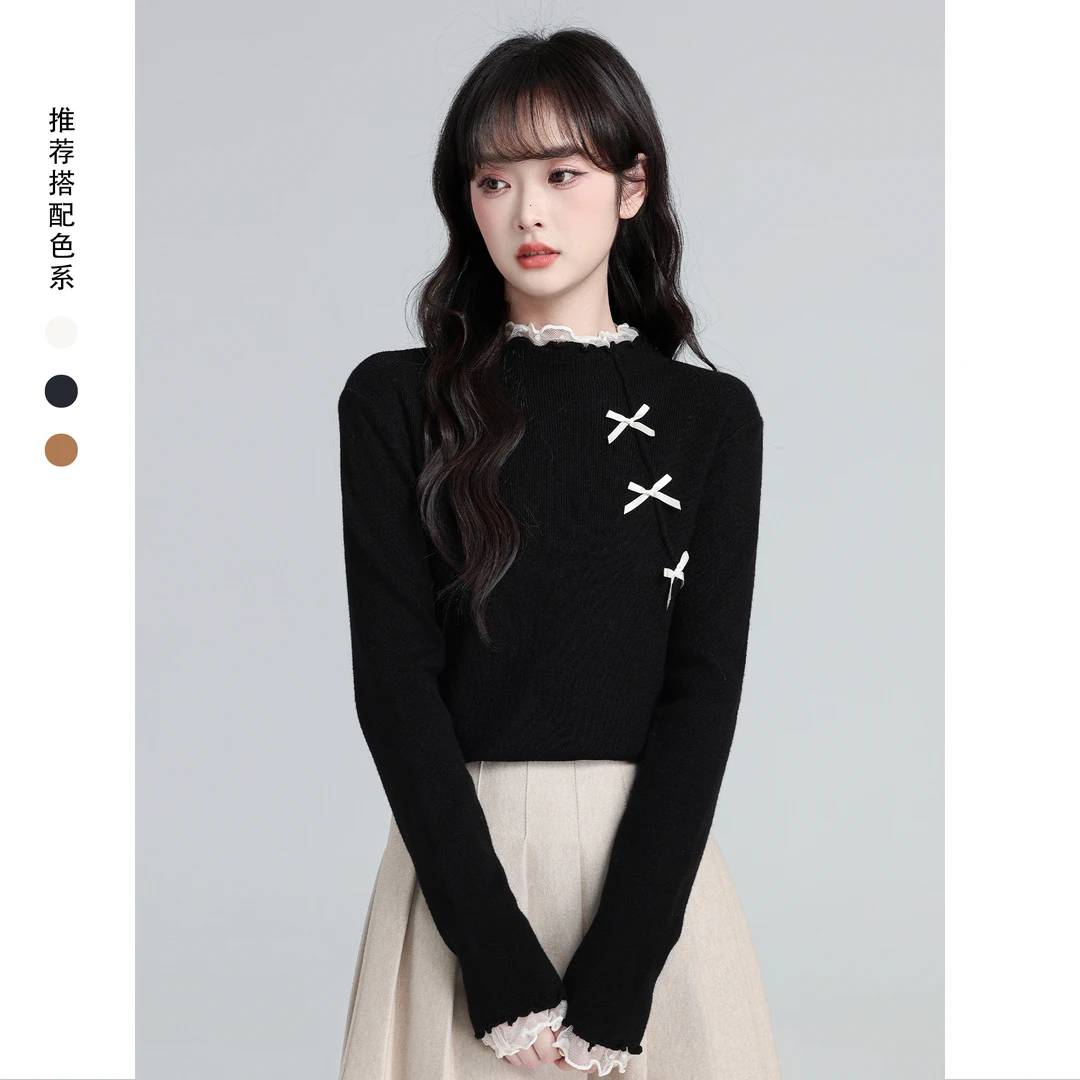黑色半高领毛衣女加厚秋冬2025冬季新款蕾丝边针织衫内搭打底上衣