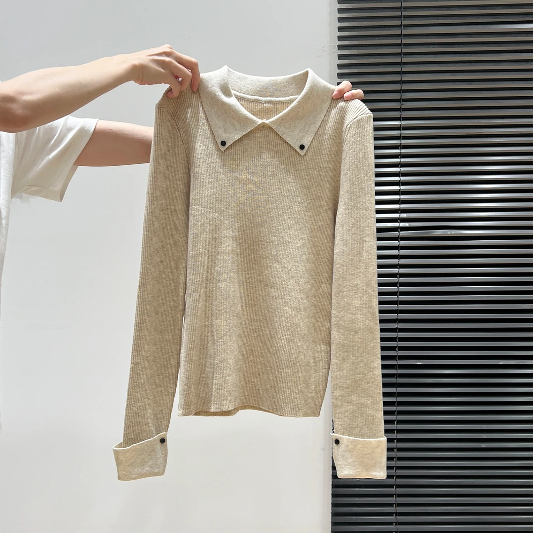 设计感别致Polo领撞色长袖针织衫秋冬季新款显瘦修身套头内搭毛衣