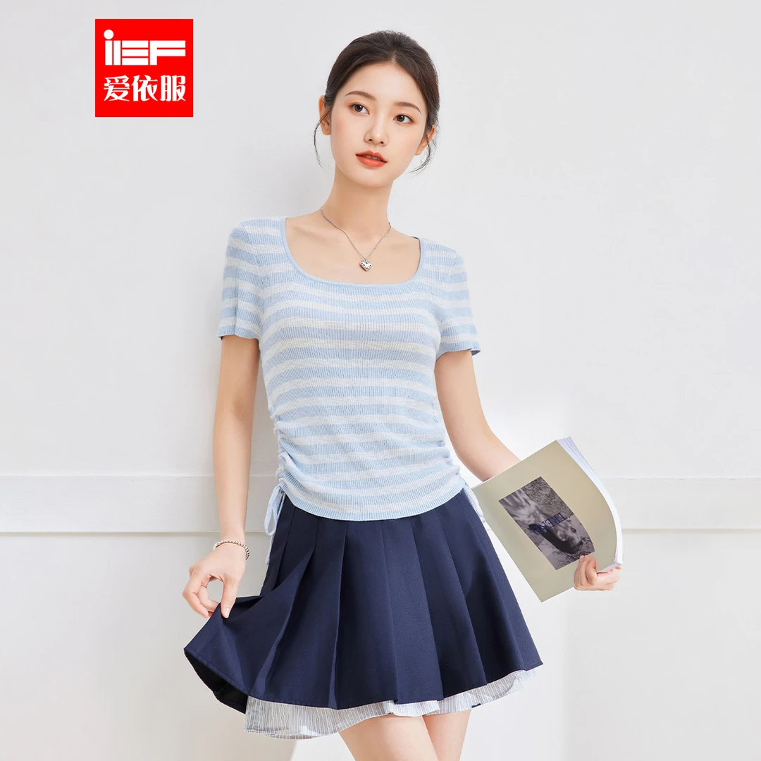 IEF/爱依服2025夏季新款韩版温柔小女人气质条纹抽绳设计毛织上衣