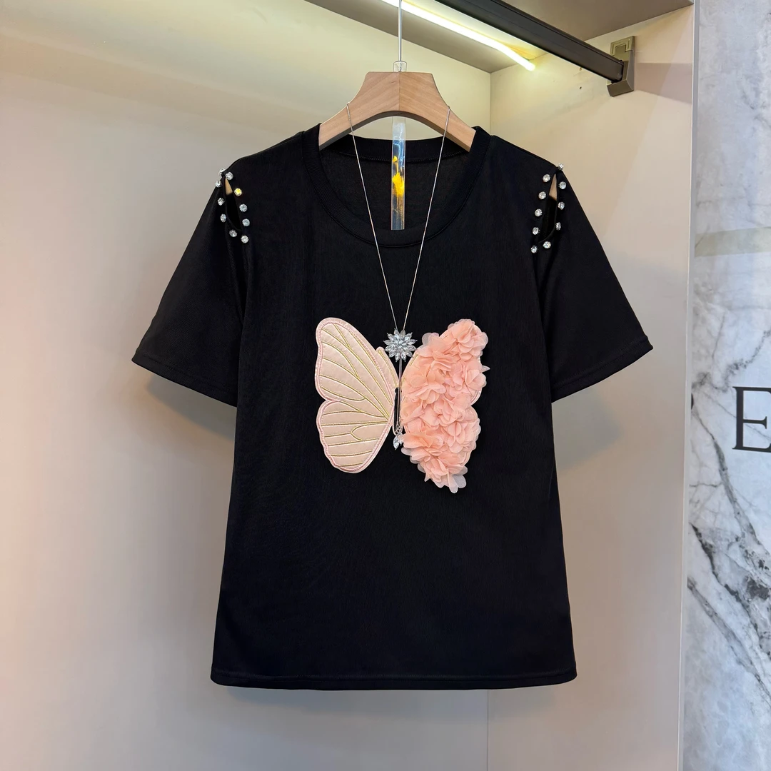 2025夏欧洲站蕾丝蝴蝶贴花肩膀镂空钉钻女人味大码T恤小衫8039