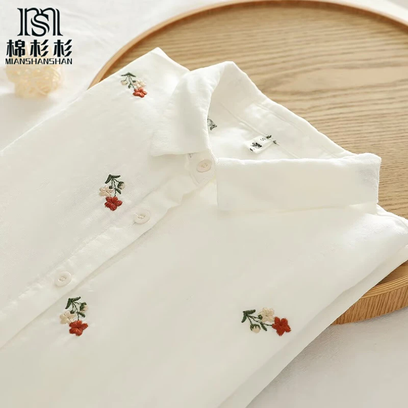 双层棉纯棉纱刺绣小红花长袖衬衫女 春秋新款小清新内搭衬衫文艺