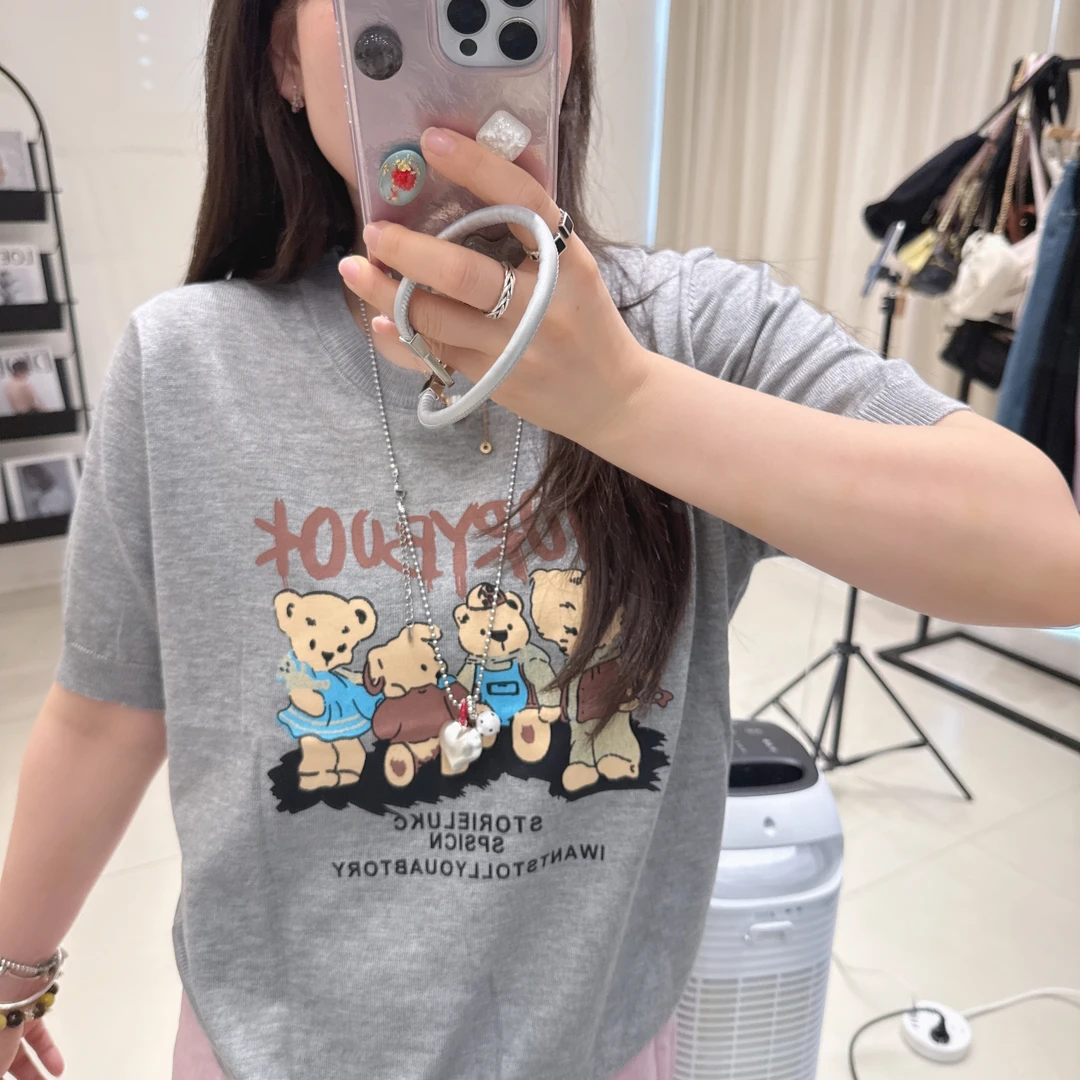 冰丝针织短袖t恤女夏季2025新款半袖大码胖mm显瘦遮肉上衣