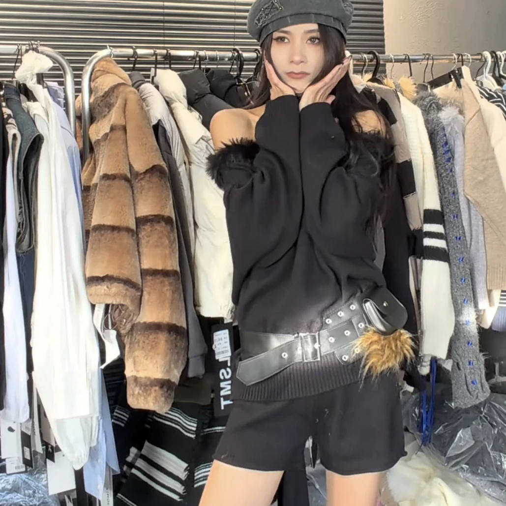 秋冬毛领斜肩针织衫女慵懒宽松露肩套头毛衣外穿休闲上衣