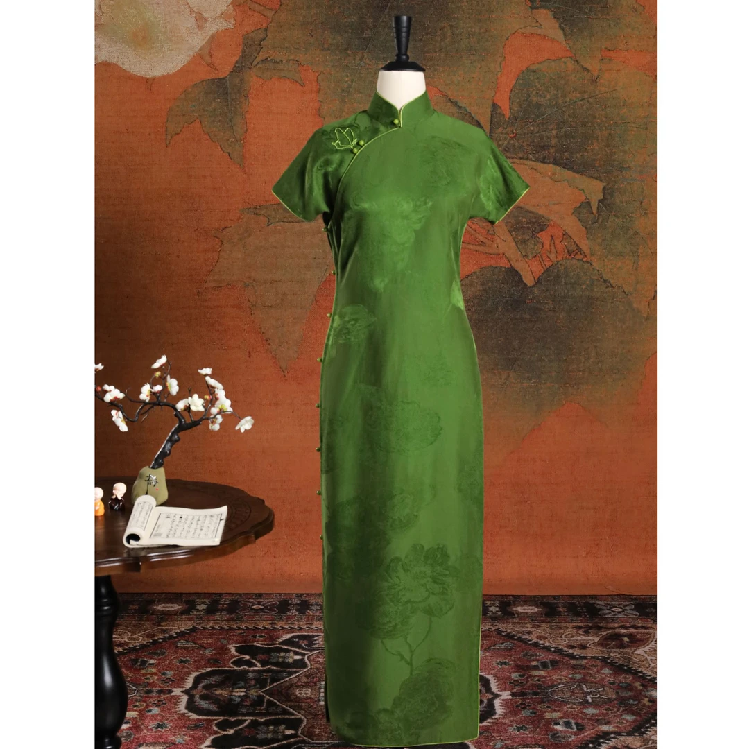 女神姑娘[希望]蓝雅重锻香云纱色织提花纯色旗袍N51104-5/25-40