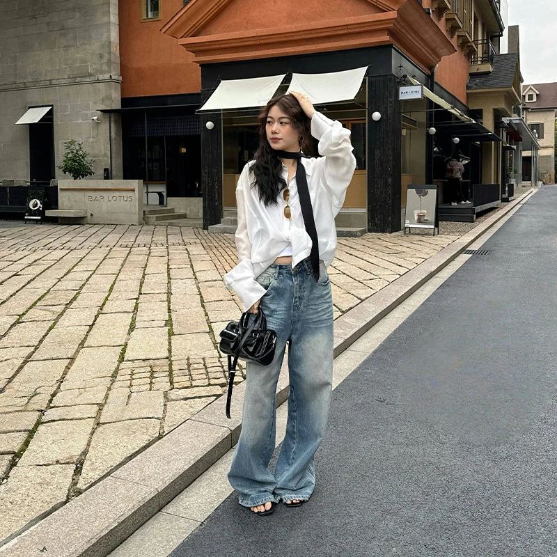 Seyora【赛博水洗色】欧若风阔腿百搭宽松休闲牛仔裤 H30783SY51