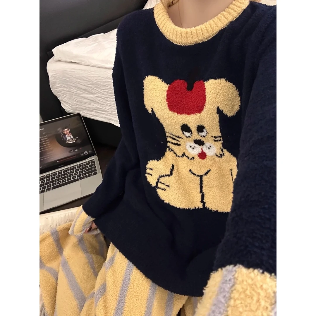 圆领毛衣复古加厚针织半边绒睡衣女冬季新款保暖毛茸茸家居服套装