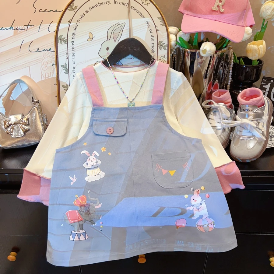 HHkids女童韩版卡通印花连衣裙洋气百搭时尚儿童背带裙套装DTZ018