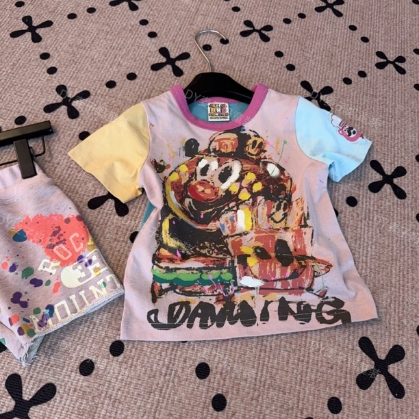 现货MZ.儿童日系小众拼色韩版卡通印花短袖潮牌t1795