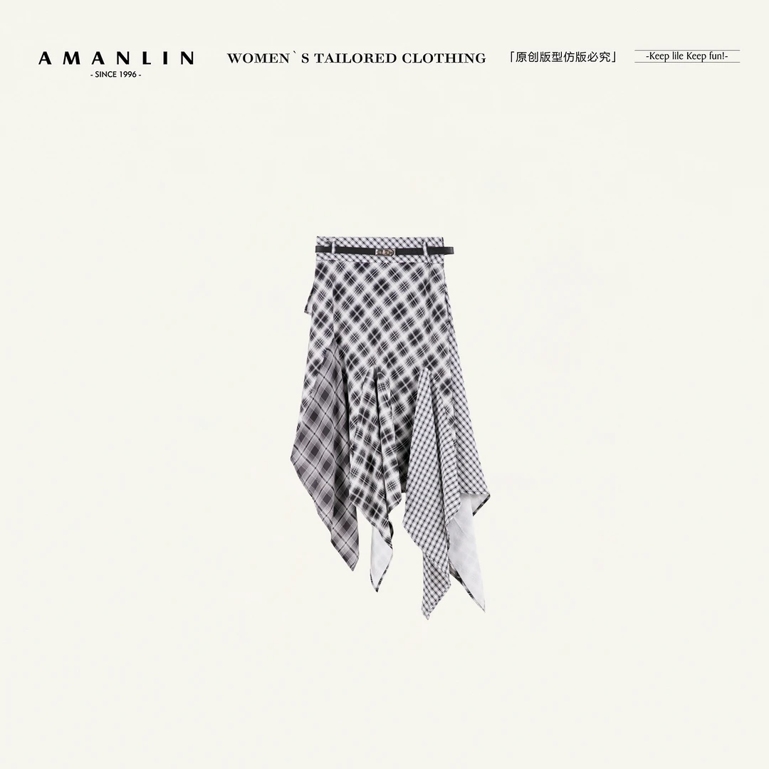 AMANLIN/阿谩琳欧若风设计感黑白不规则拼接半身裙半身裙Y598705
