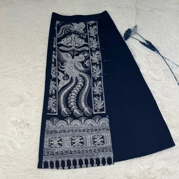 民族风手工蜡染高腰加棉垂感一片式系半身裙新中式