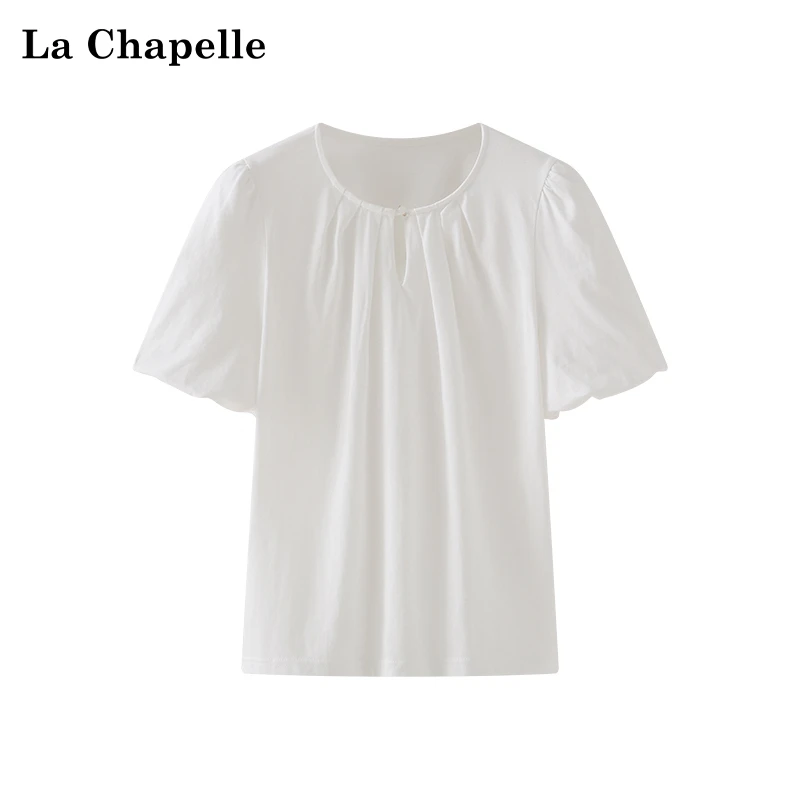 拉夏贝尔圆领压褶短袖T恤女宽松通勤纯色气质小衫夏新款高级时尚