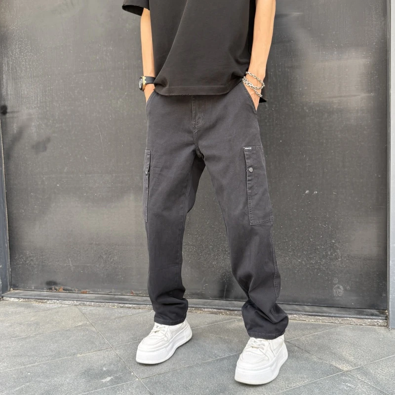纯色美式休闲裤拼接多口袋直筒裤浅灰无弹牛仔裤高街洋气哈伦裤子