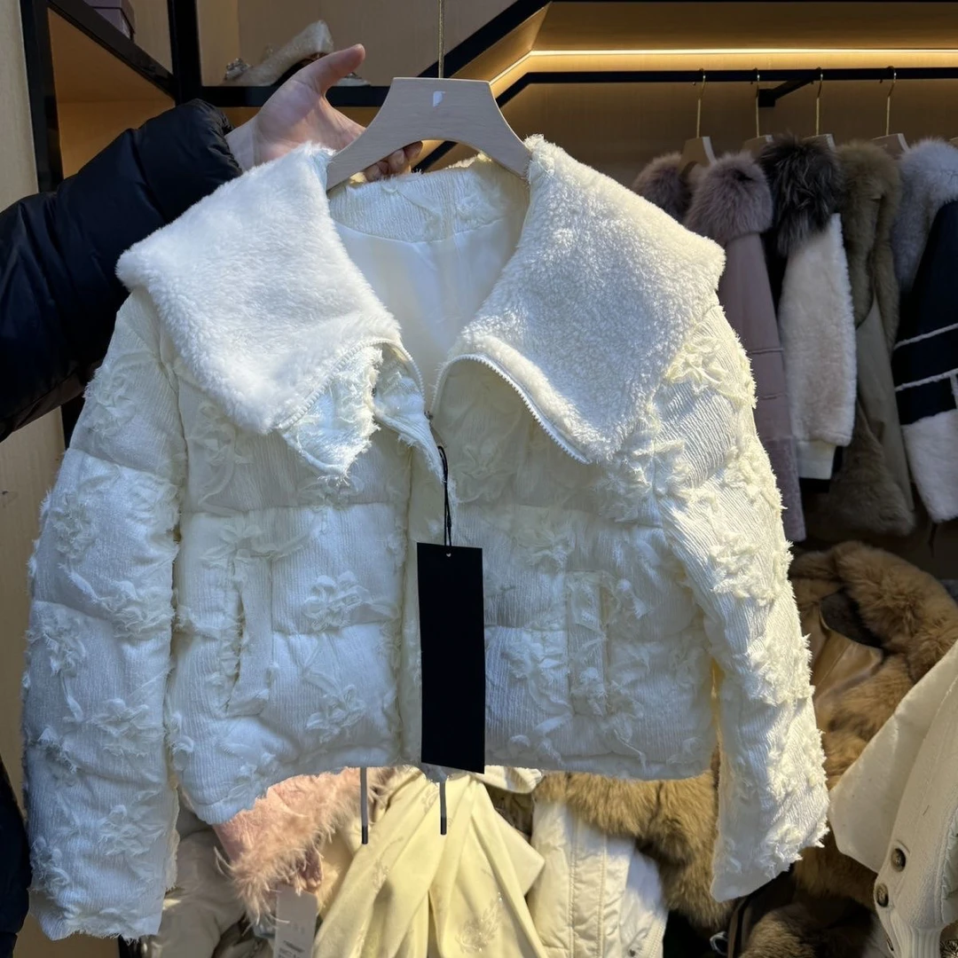 冬季百搭重工立体花朵大翻领拉链小香风棉服保暖短外套潮