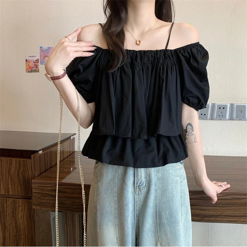 一字肩泡泡袖雪纺吊带娃娃衫上衣女夏季纯欲减龄衬衫短袖露肩小衫