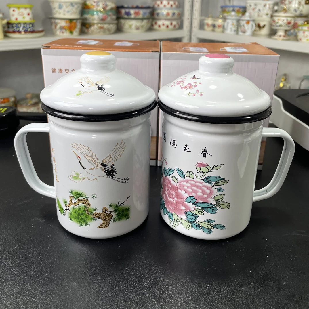 家用老式10厘米600ml珐琅搪瓷带盖茶水杯带茶漏马克杯可加热新款
