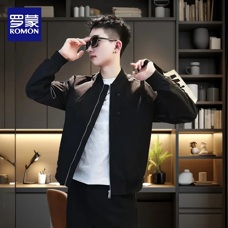 罗蒙美式黑色百搭爆款棒球领外套春季韩版潮高级潮流休闲男装夹克