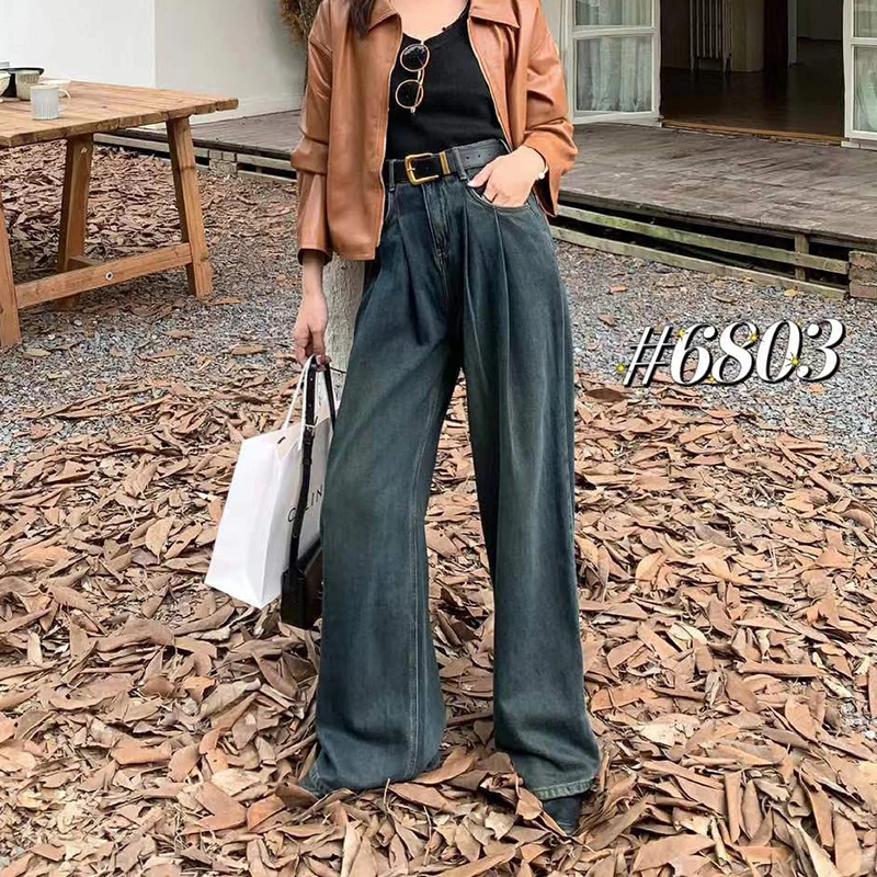 蓝舟2024春秋新款欧货彩色高腰直筒休闲牛仔裤女阔腿裤显瘦拖地裤