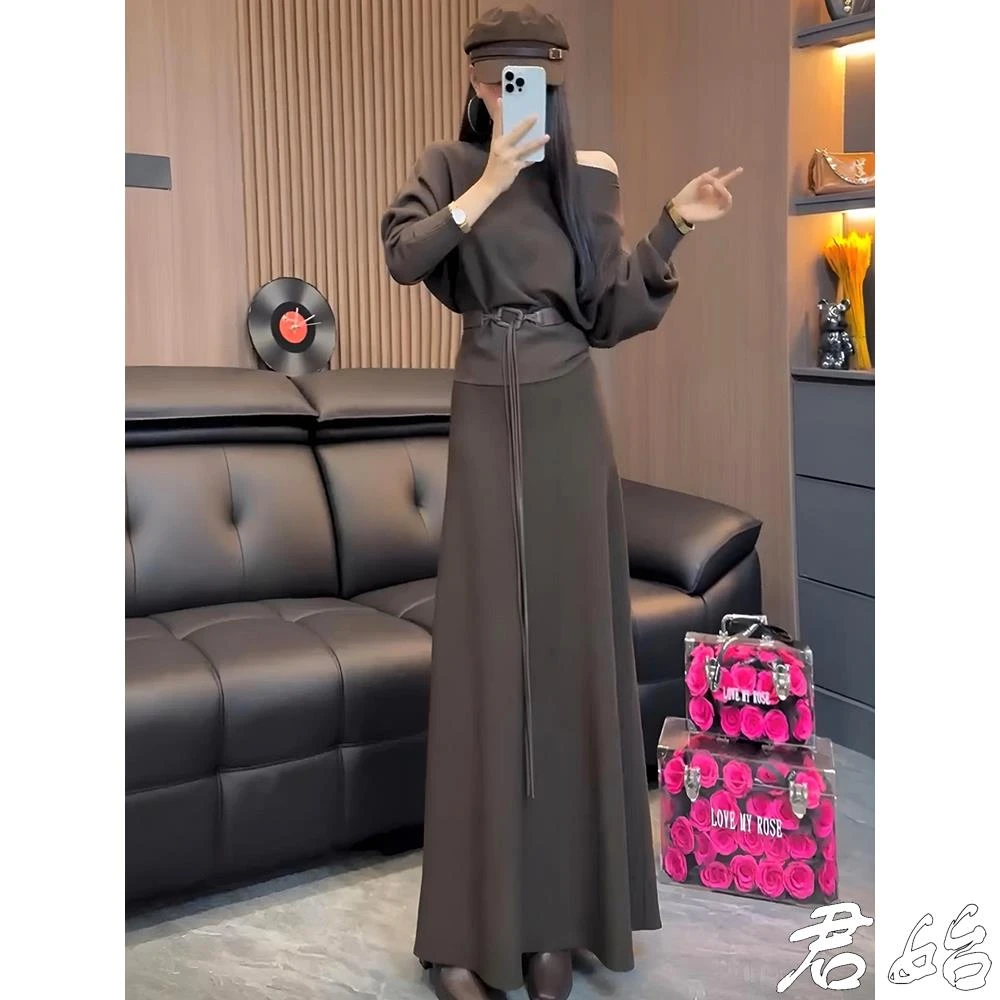 长袖针织上衣高腰垂感半身裙套装女装秋款爆款2025新款小众高级感