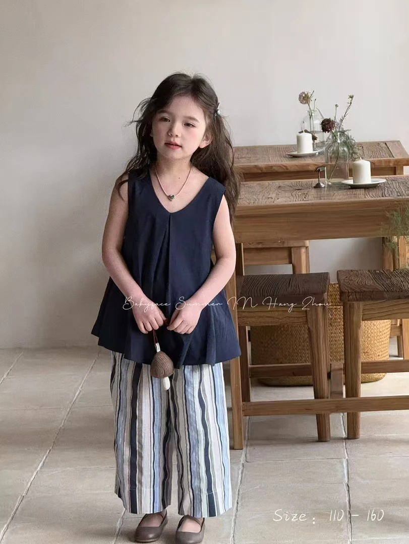 女童2025新款休闲洋气套头韩版薄款宽松夏季条纹时尚女套装童装