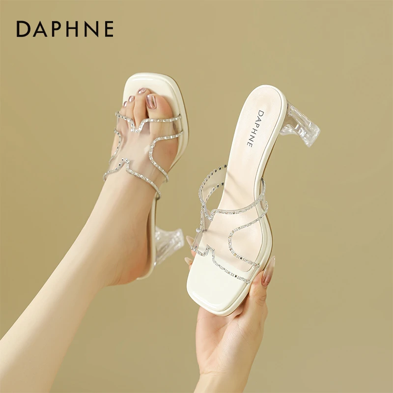 达芙妮气质透明水钻露趾凉拖夏季方头水晶跟半拖鞋凉鞋透气2796-8